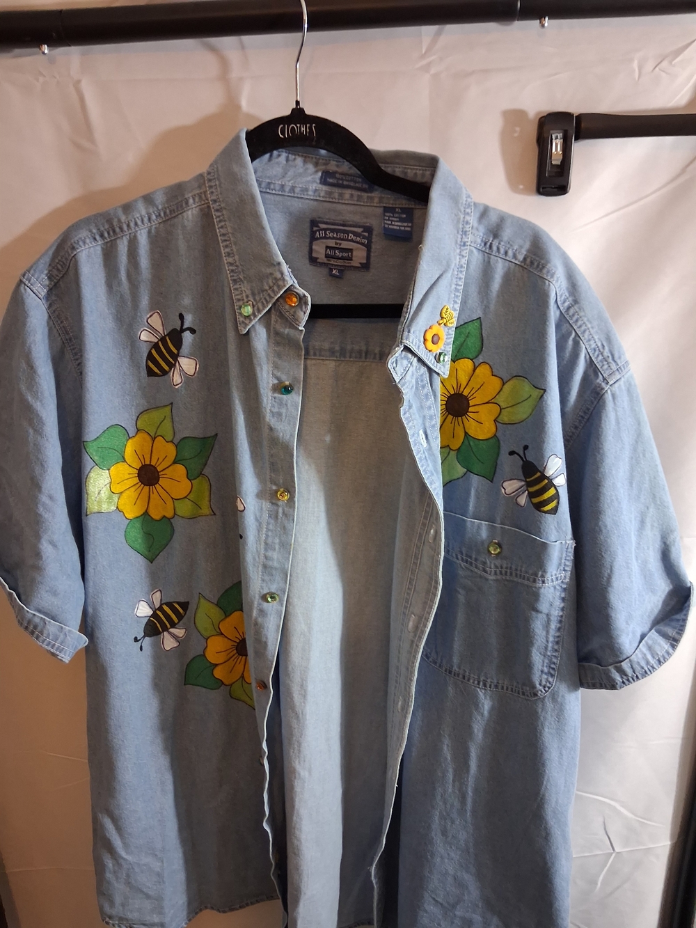 All Season Denim Button-Front Shirt with Yellow Floral & Bee Print